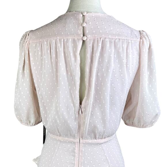 Express NWT Blush Pink Swiss Dot Puff Sleeve Asymmetrical Ruffle Mini Dress - Picture 9 of 12